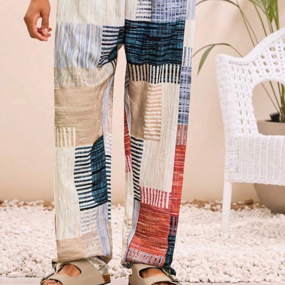 Unisex Boho printed Patchwork Wide-Leg Drawstring Pants - Picture 4 of 5